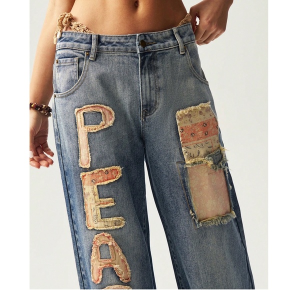 Boho Medium Wash Peace Floral Print Patch Denim Straight Leg Jeans - Picture 3 of 7